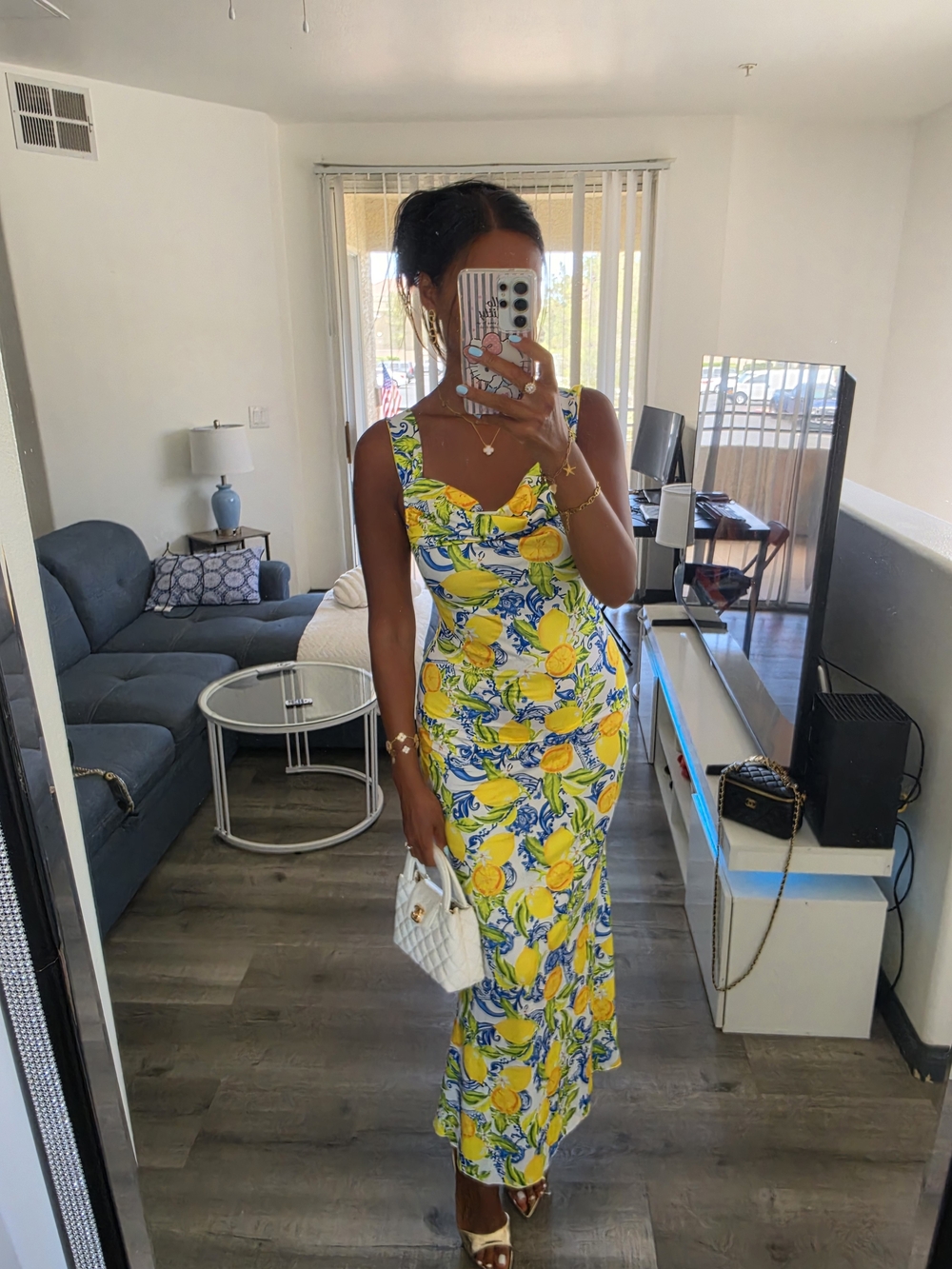 Lemon Print Sleeveless Maxi Dress - White/Yellow Very Stretchy - Picture 3 of 17